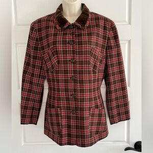 Vintage Wool Plaid Blazer Corduroy Collar Equestrian English Countryside Size 14